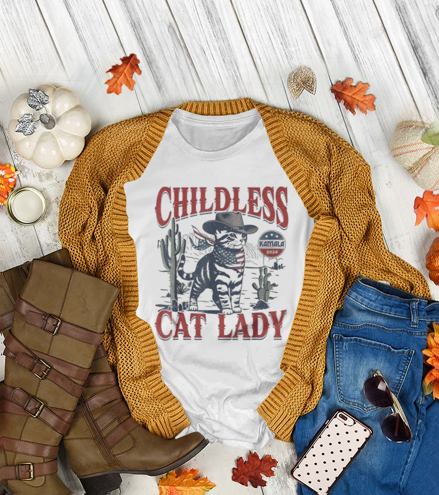Childless Cat Lady Cowboy Cat Election Voting Kamala T-Shirt