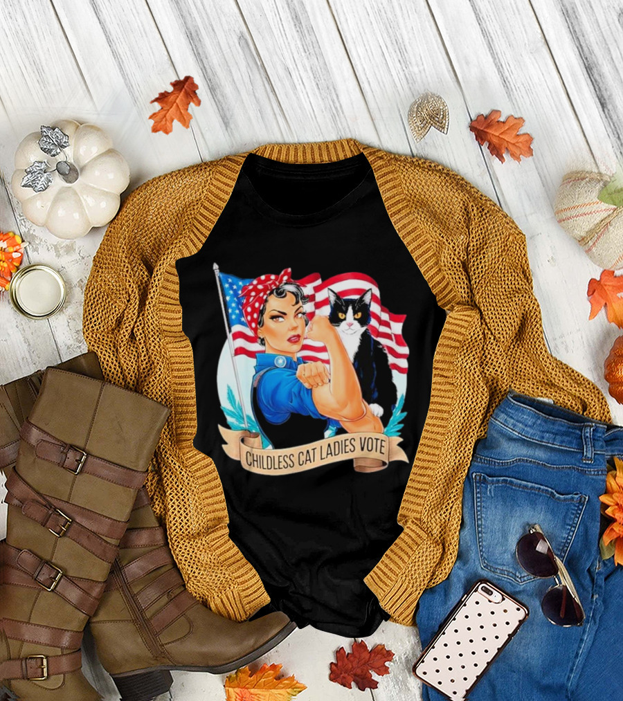 Childless Cat Ladies Vote Rosie the Riveter American Flag Cat T-Shirt