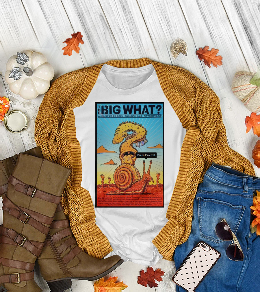 The Big What Festival August 22-24 2024 Shakori Hills Pittsboro NC Featuring Psychedelic Snail Creature with Spiraled Shell and Tentacles T-Shirt
