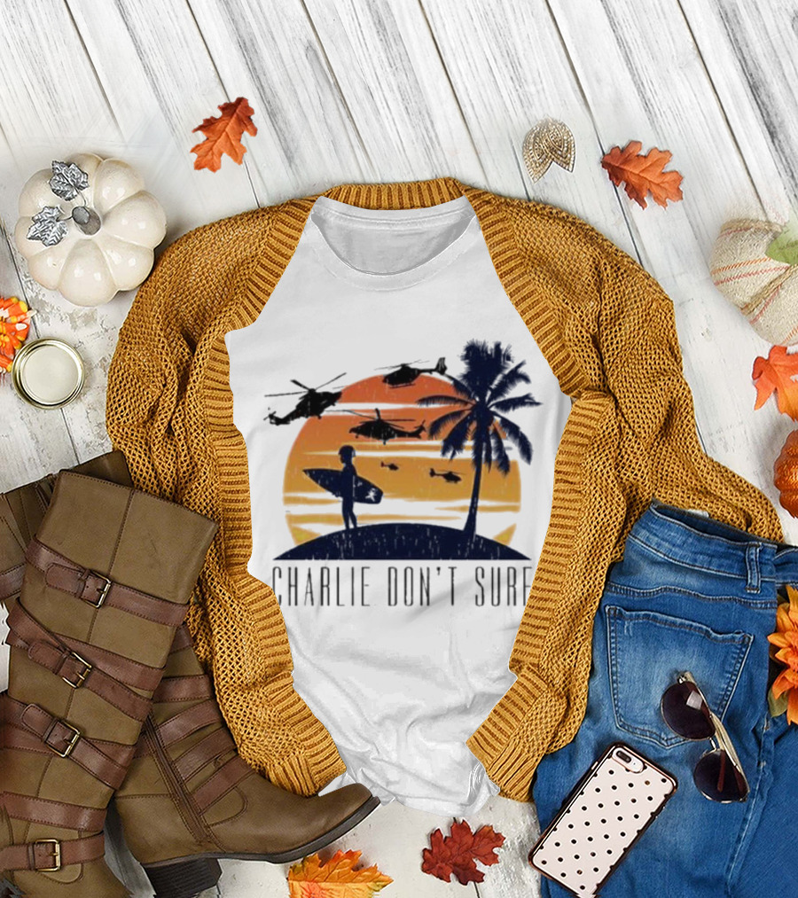 Charlie Don’t Surf Helicopters Palm Sunset Surfer T-Shirt