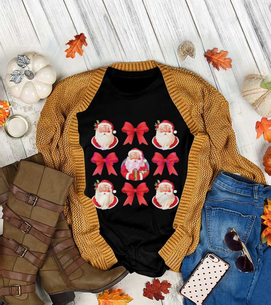 Coquette Christmas Santa and Red Bows Holiday T-Shirt