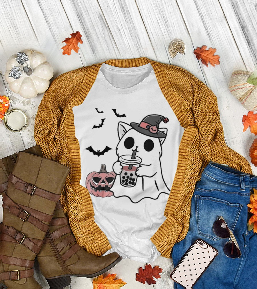 Ghost Cat with Bubble Tea and Halloween Pumpkin T-Shirt