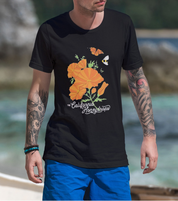 The California Honeydrops Orange Poppies Meadow With Butterfly And Bee T-Shirt