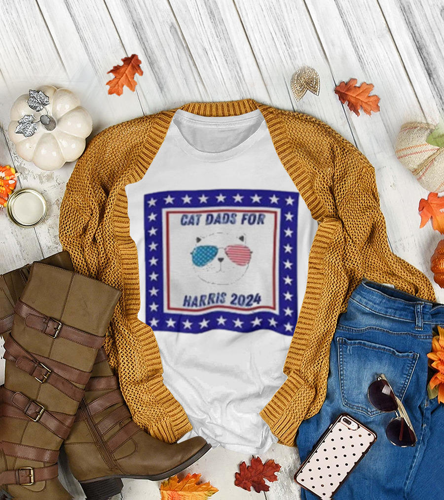 Cat Dads for Harris 2024 with Patriotic Sunglasses and Stars T-Shirt