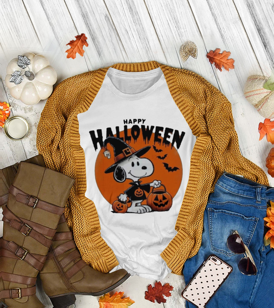 Snoopy Happy Halloween Witch Costume Pumpkin Bats T-Shirt