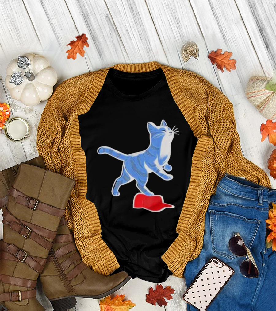 Kamala Harris Cat Stepping On Maga Red Hat Blue Striped Cat T-Shirt