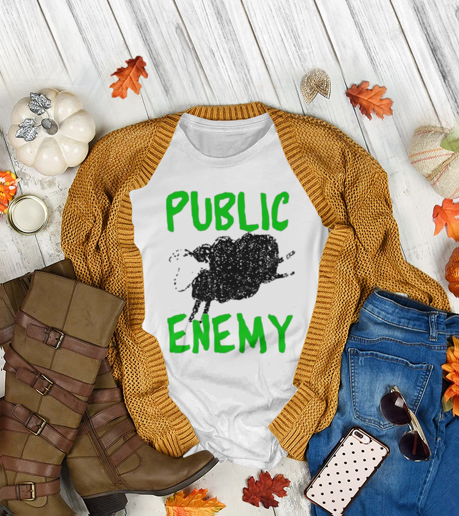 Public Enemy Sheep Black and Green Text T-Shirt