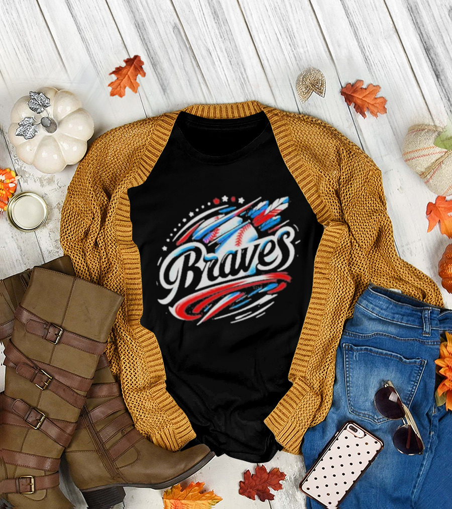 Braves Baseball Feathers MLB Team Logo with Stars and Stripes Motif T-Shirt