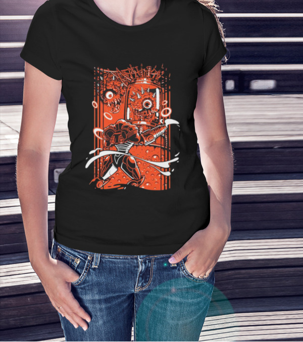 Final Boss Monster Robot Battle Scene With Armored Hero And Giant Eye Creatures T-Shirt