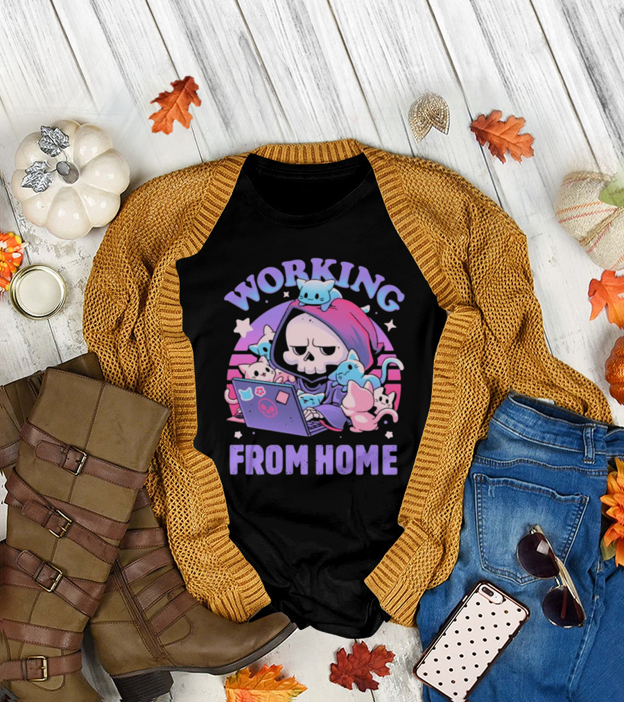 Working From Home Reaper with Cats Using Computer T-Shirt