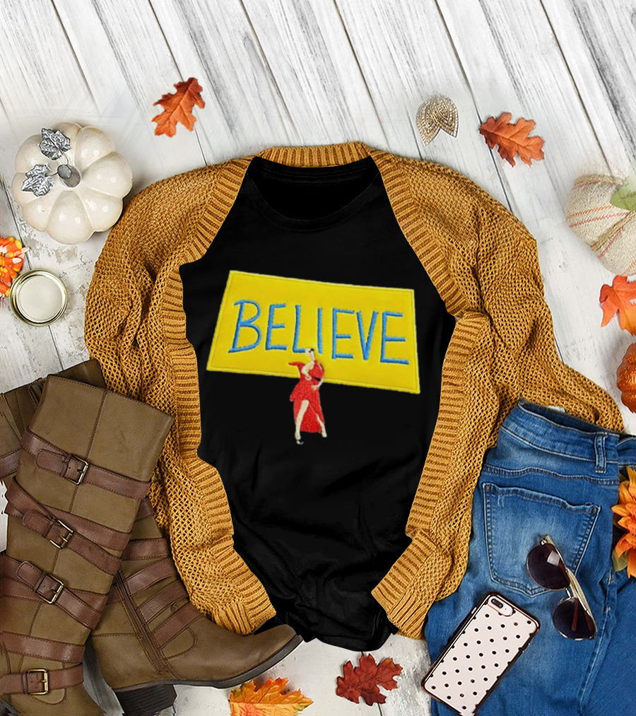 Hannah Waddingham Believe Yellow Sign with Red Dress T-Shirt