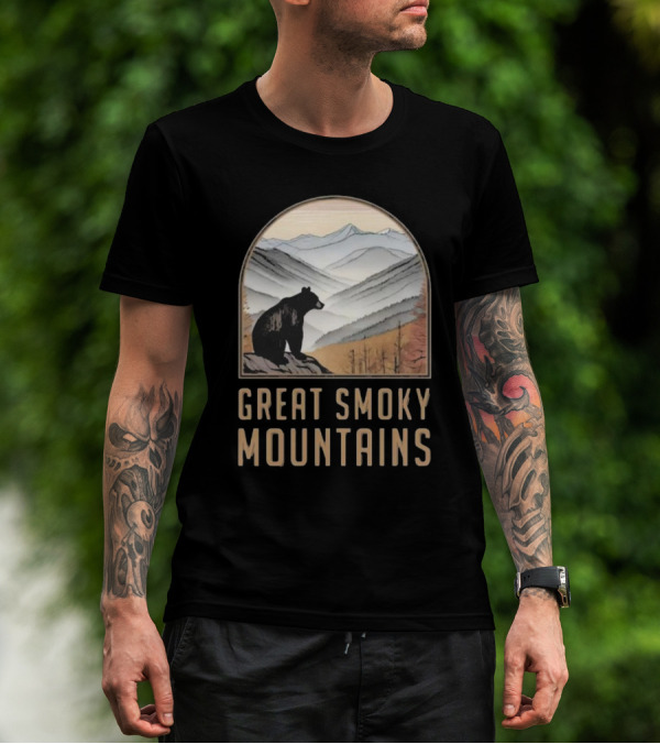 Great Smoky Mountains National Park Bear Silhouette Over Scenic Mountain Landscape T-Shirt