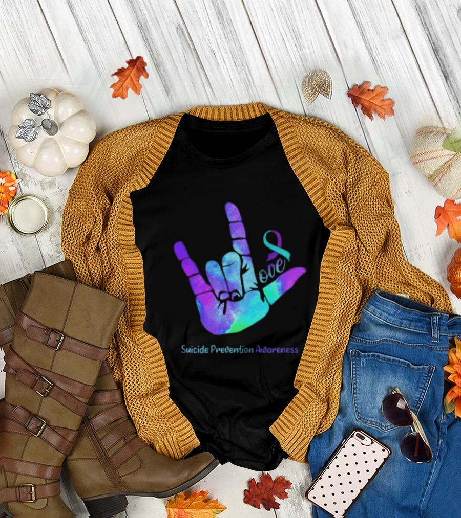 Love Hand Sign with Ribbon for Suicide Prevention Awareness T-Shirt