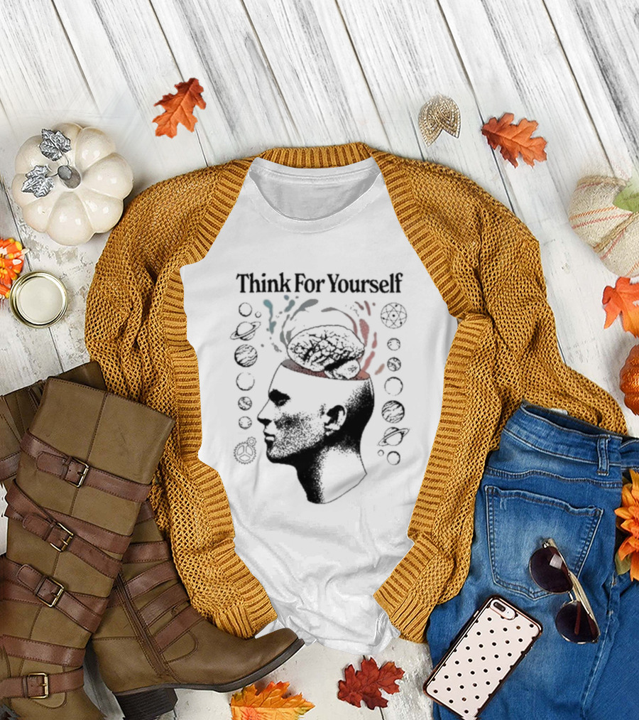 Think For Yourself Brain with Planets and Geometric Symbols T-Shirt
