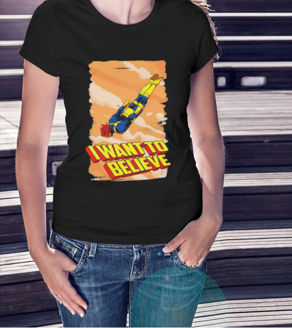 I Want To Believe Superheroes Retro Flying Hero In Yellow And Blue Suit T-Shirt
