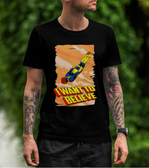I Want To Believe Superheroes Retro Flying Hero In Yellow And Blue Suit T-Shirt