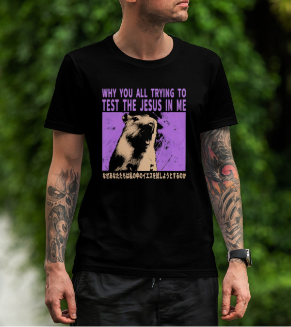 Why You All Trying To Test The Jesus In Me Capybara Japanese Text T-Shirt