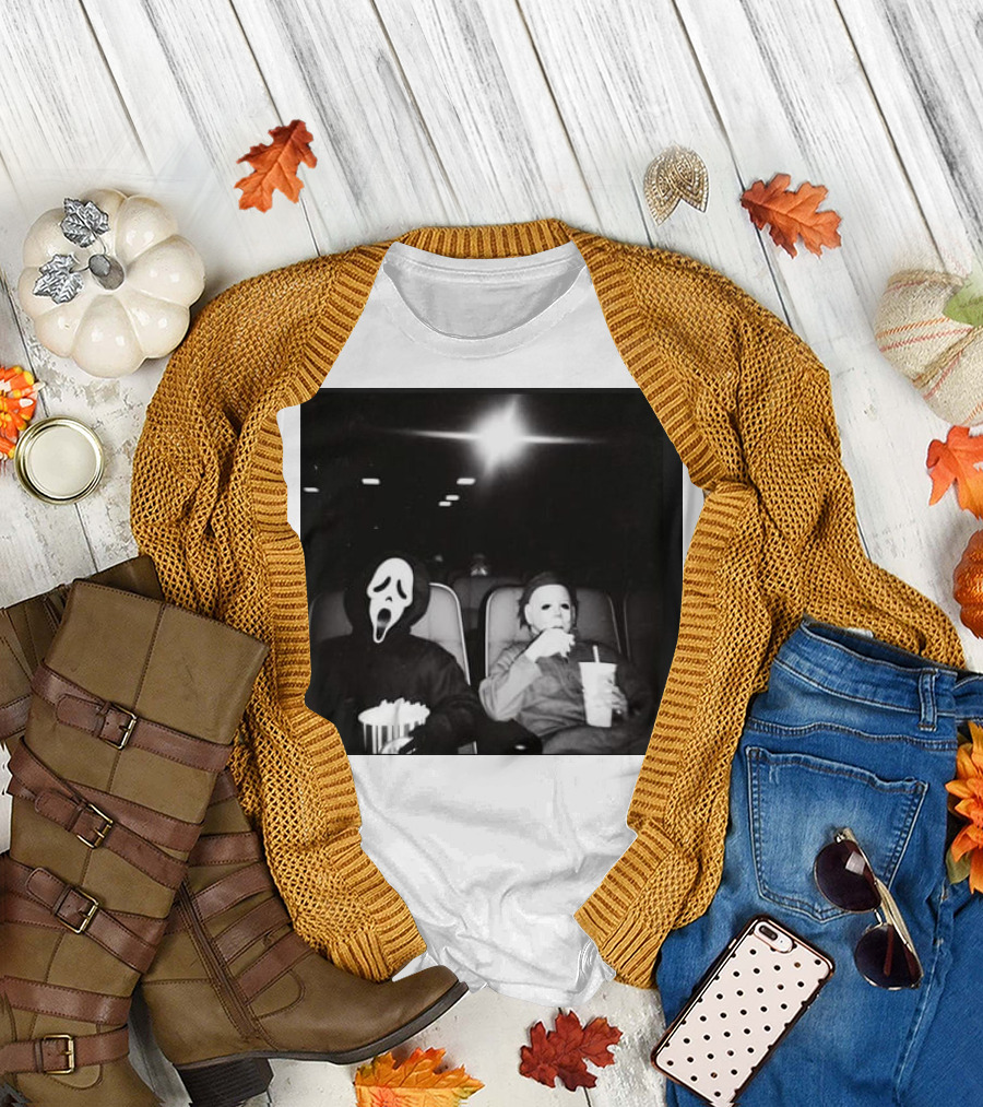 Ghostface and Michael Myers at the Movies Vintage Halloween Scene T-Shirt