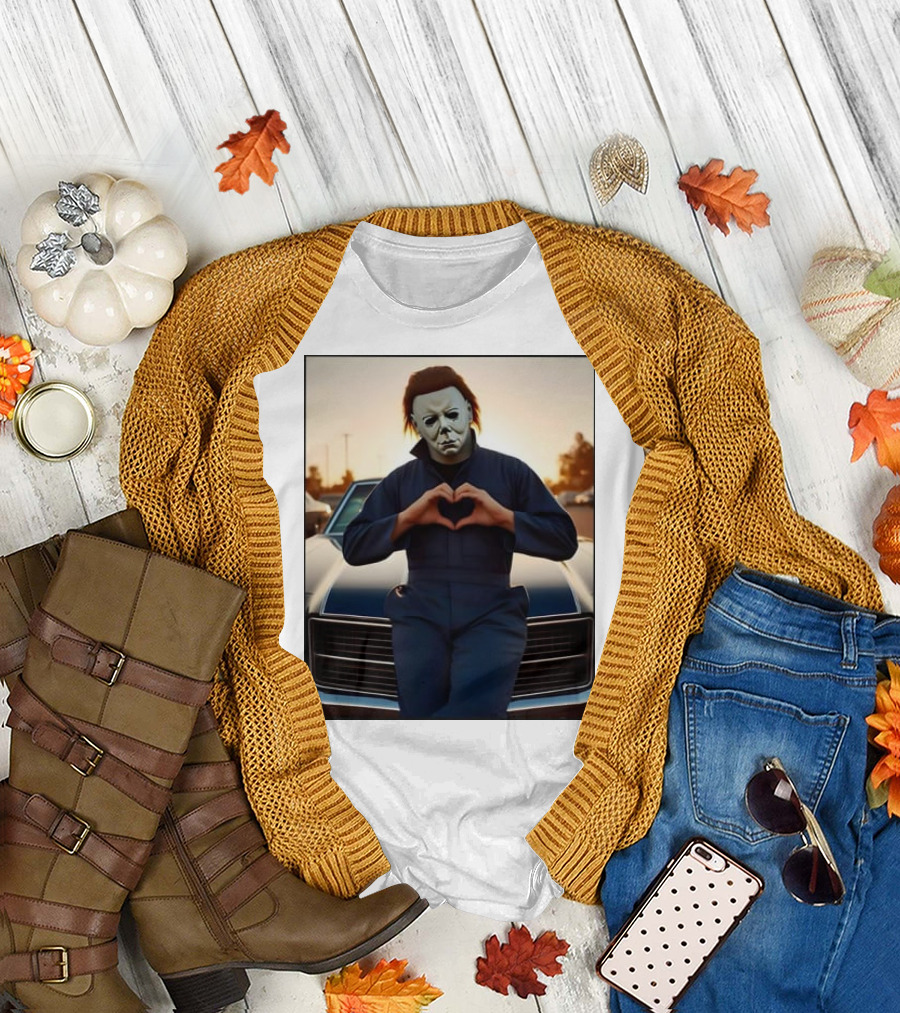 Vintage Halloween Michael Myers Heart Hands Pose in Front of Classic Car T-Shirt
