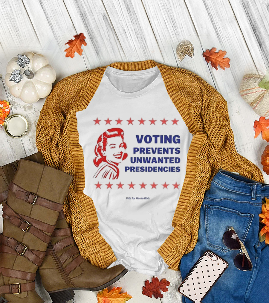 Voting Prevents Unwanted Presidencies Vote For Harris Walz Red White Blue Stars Retro T-Shirt