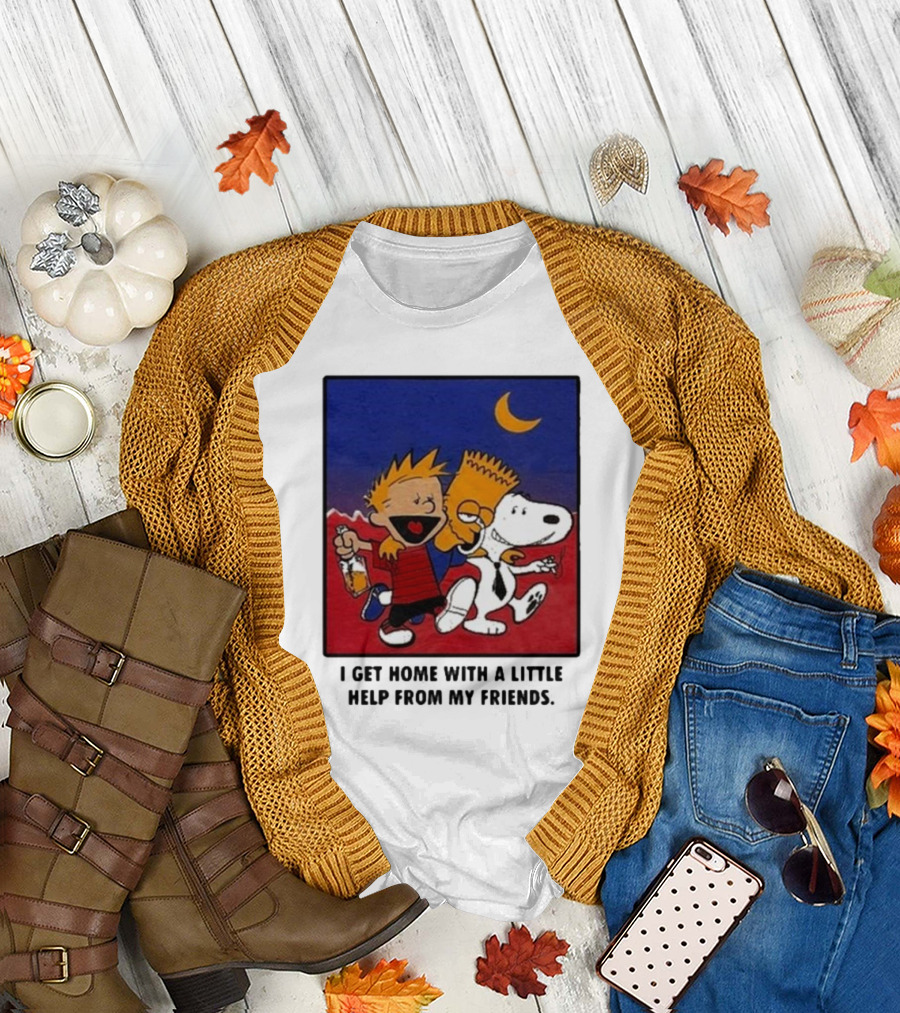 For All To Envy I Get Home With a Little Help From My Friends Calvin Bart Snoopy Trio T-Shirt
