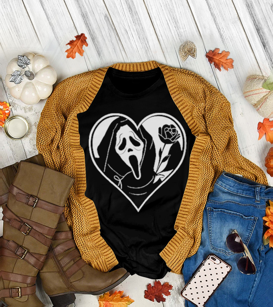 Badassmommy Ghostface Scream Skeleton with Rose in Heart T-Shirt