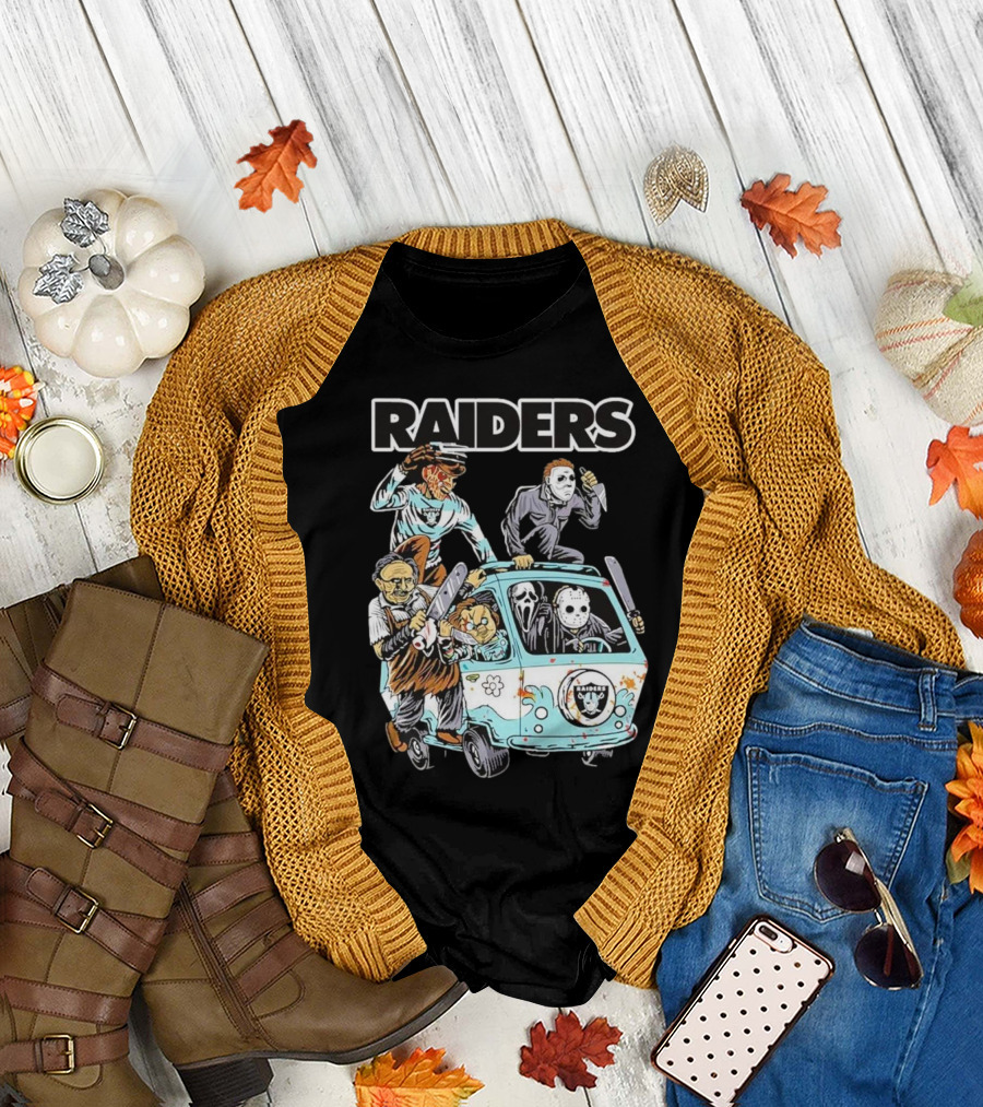 Las Vegas Raiders NFL Iconic Horror Characters in Hippie Van Halloween T-Shirt