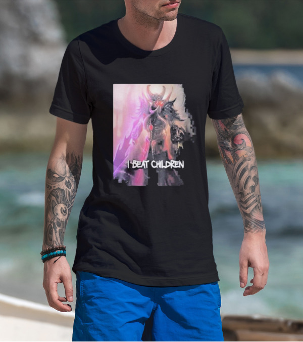 Kassadin I Beat Children Text Featuring Dark Mysterious Armored Character With Glowing Accents T-Shirt