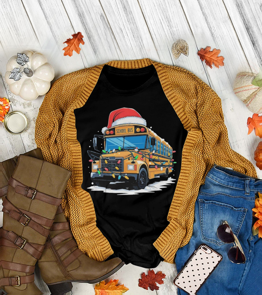 School Bus with Christmas Lights and Santa Hat Holiday Xmas T-Shirt