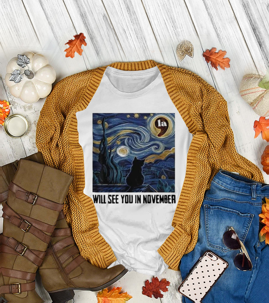 Black Cat LA Starry Night Will See You In November Van Gogh T-Shirt
