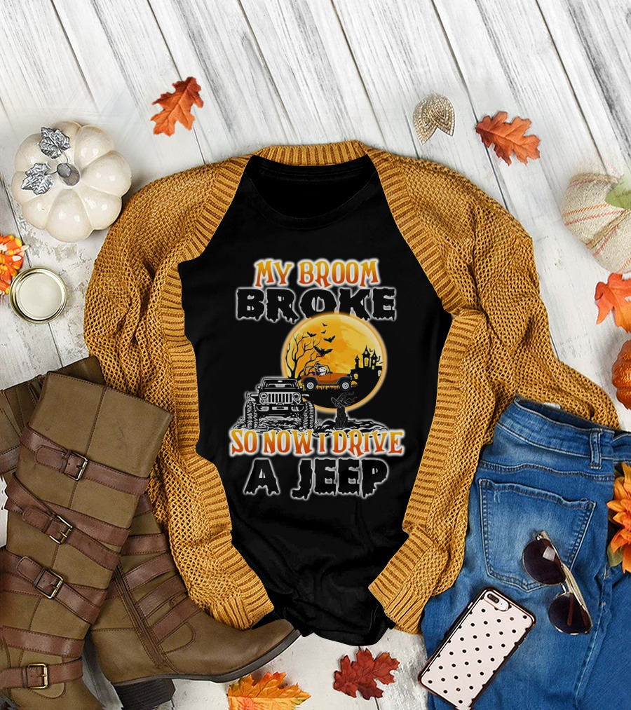 My Broom Broke So Now I Drive a Jeep Halloween 2024 Black Cat Moon Jeep Haunted House T-Shirt