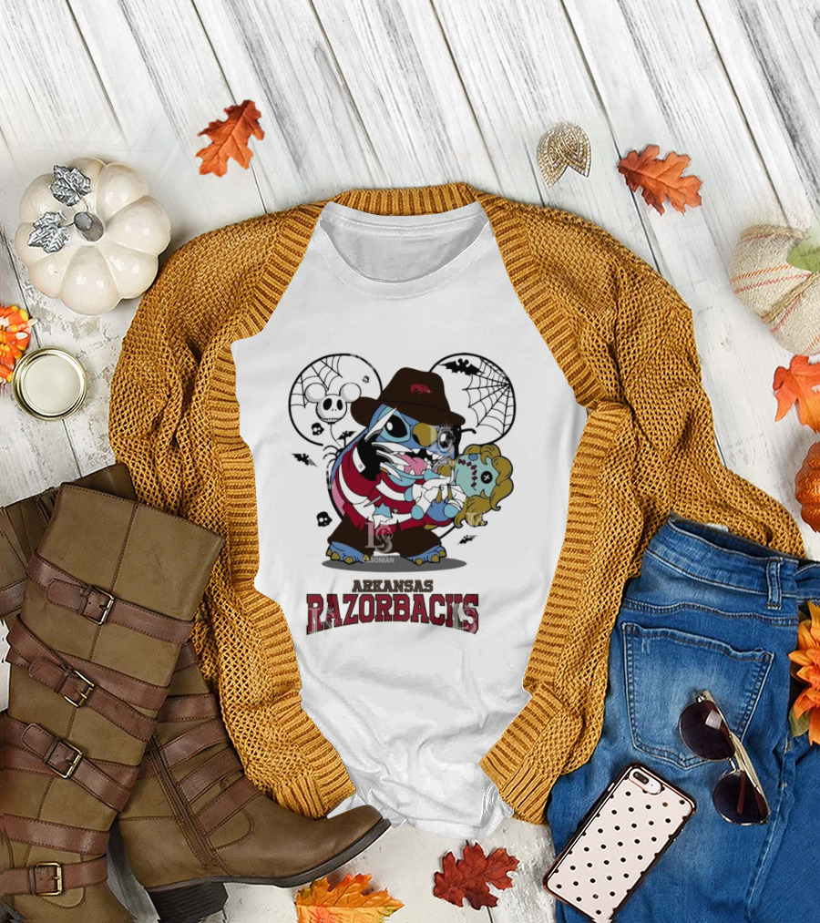 Arkansas Razorbacks Stitch Freddy Krueger Halloween Razorback's Spider Webs T-Shirt