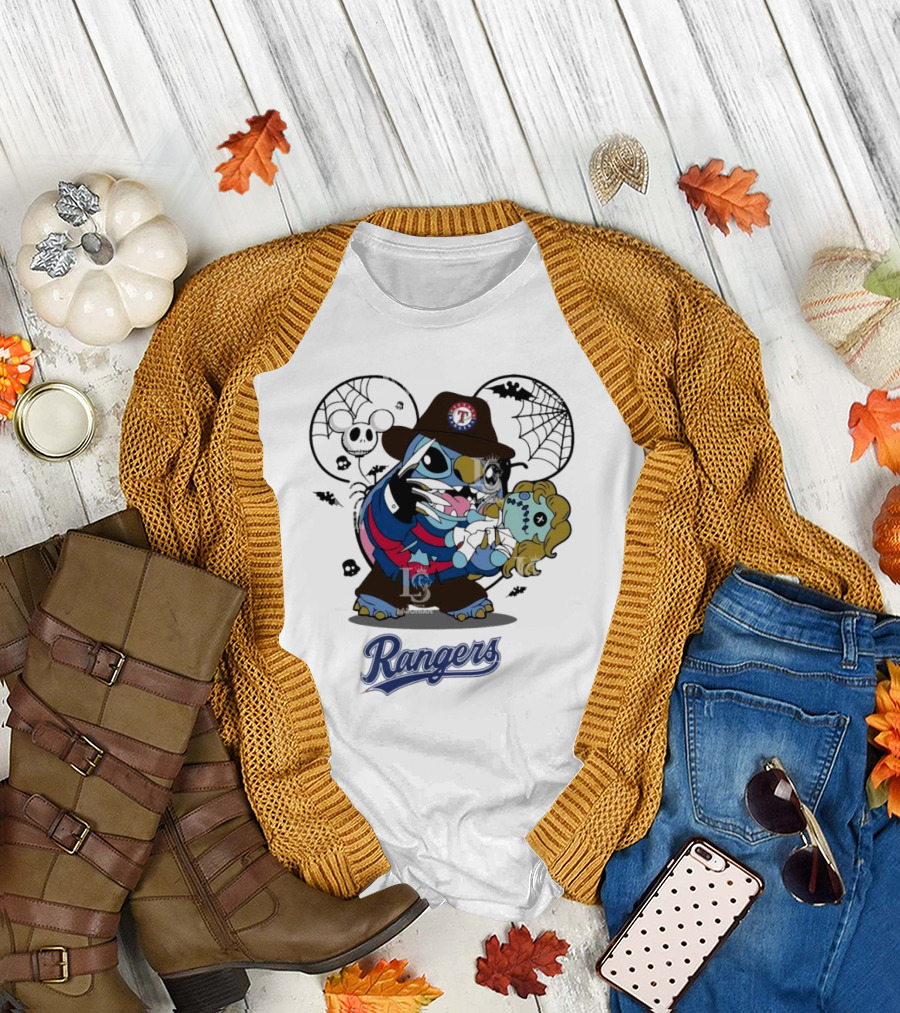 Texas Rangers Stitch Freddy Krueger Halloween Nightmare Scene T-Shirt