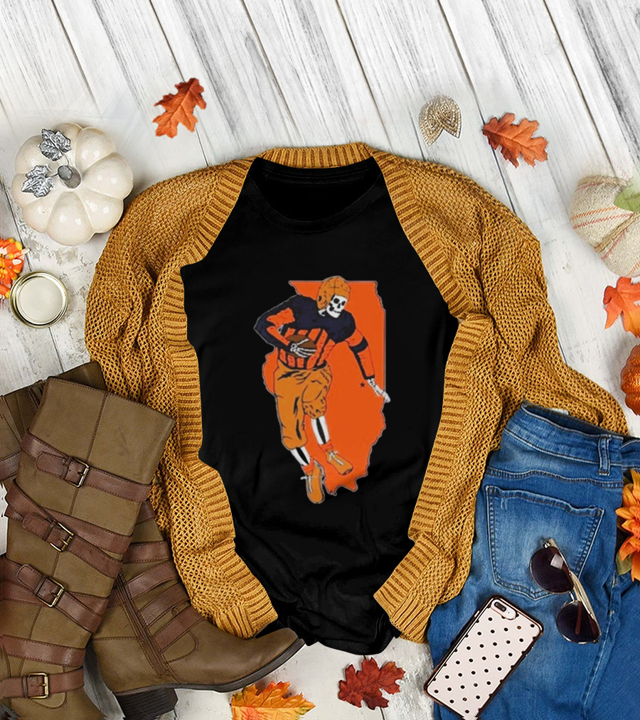 IL Illinois Fighting Illini Football Skeleton Player on Orange State Background T-Shirt