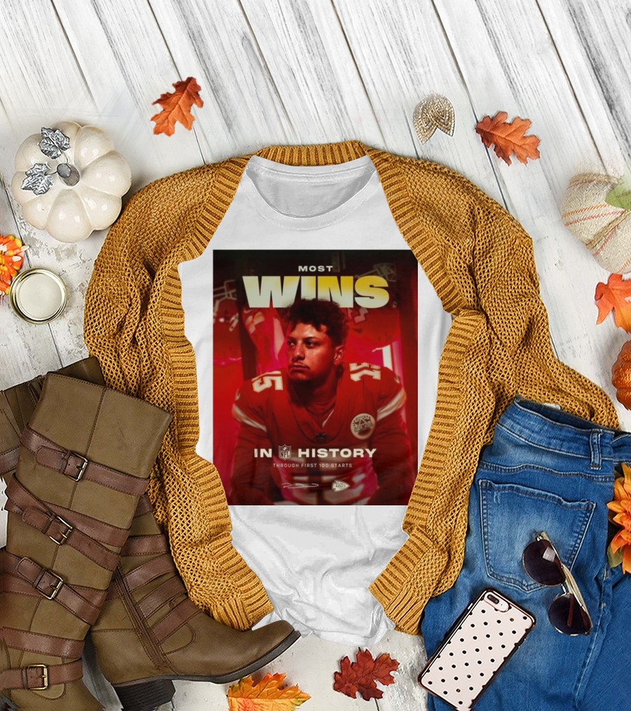 Most Wins in NFL History Through First 100 Starts Patrick Mahomes Kansas City Chiefs T-Shirt