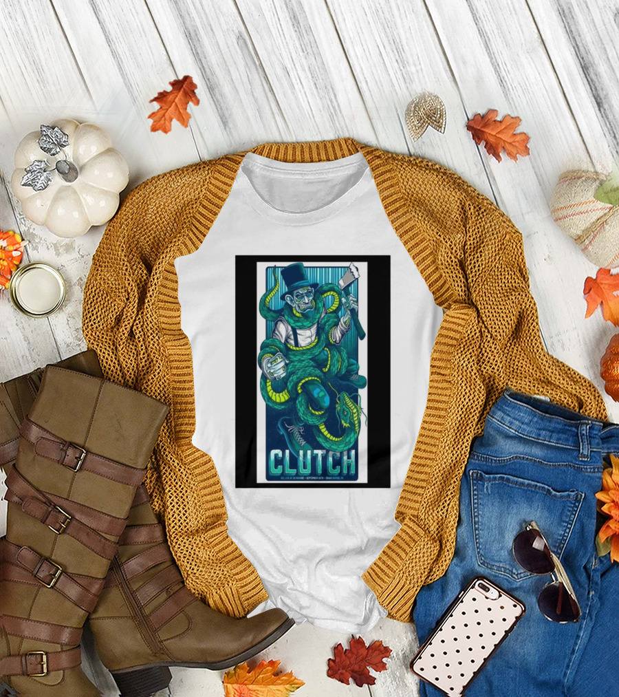 Clutch September 26, 2024 GLC Live At 20 Monroe Grand Rapids MI Tour Special Art Featuring Snake and Top Hat Figure T-Shirt