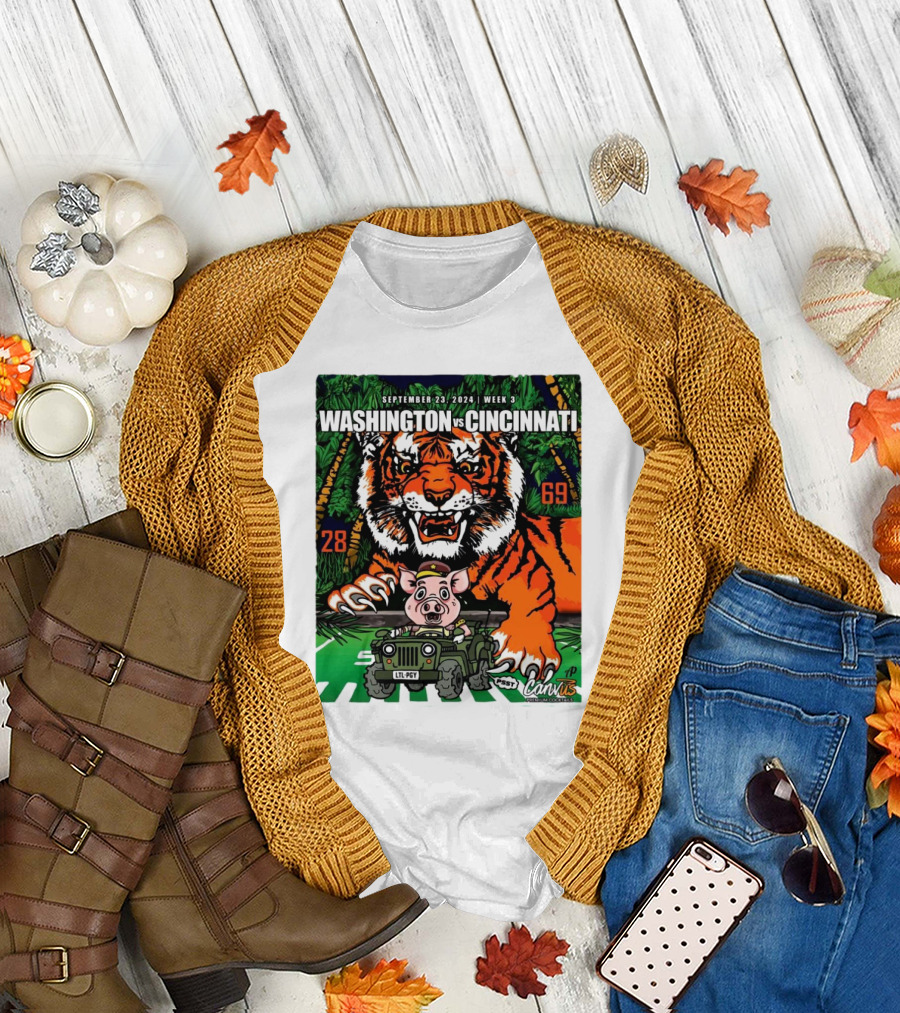 Washington vs Cincinnati September 23 2024 Week 3 Tiger and Pig Illustration Cannvis Football Showdown T-Shirt