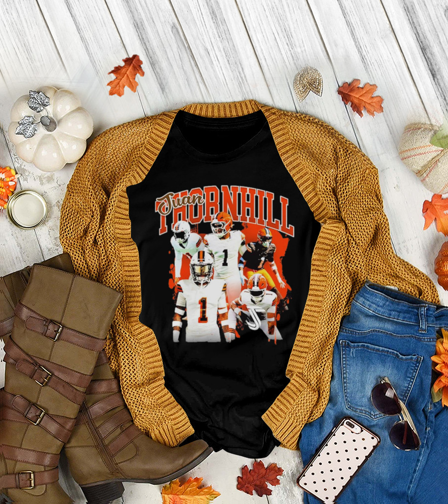 Juan Thornhill Football Player Orange and Black Action Collage T-Shirt