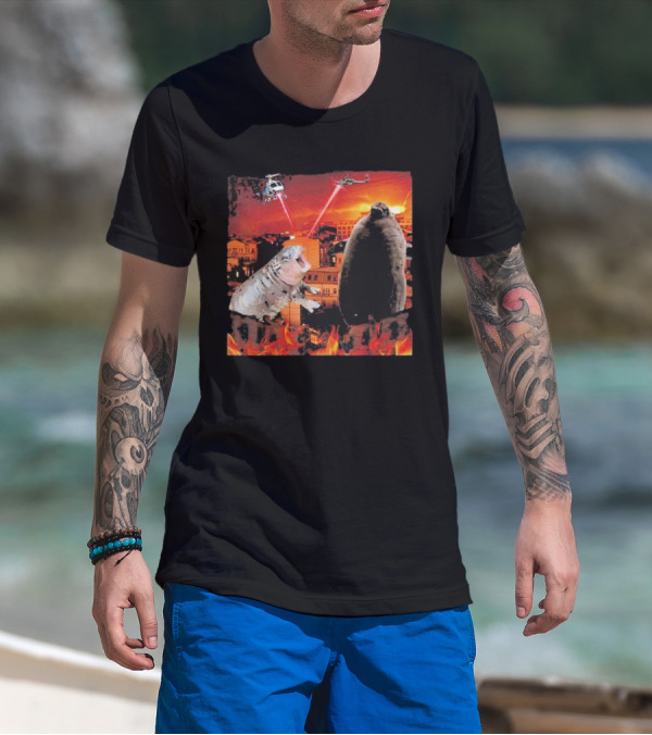 Moo Deng Pesto Helicopter Laser Battle Destroy City Fire Scene T-Shirt