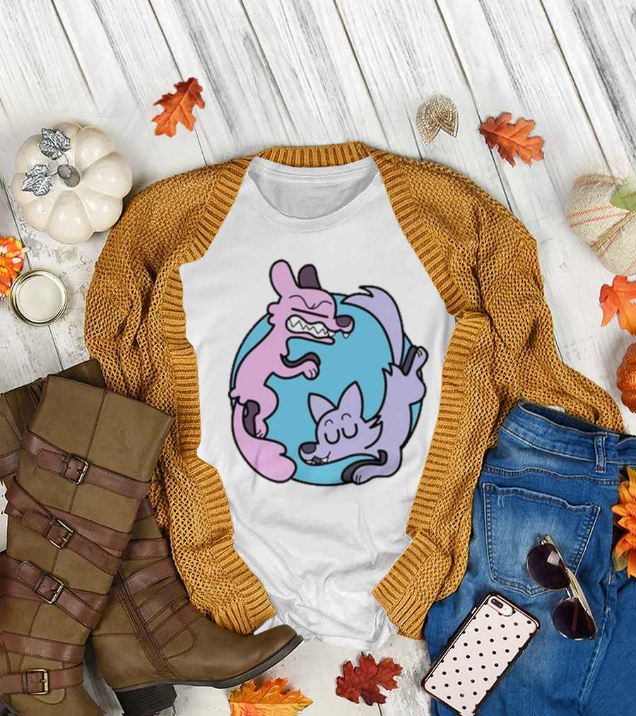 Yin Yang Cartoon Wolves Colorful Art by Ac Stuart T-Shirt