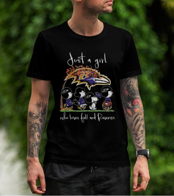 Just A Girl Who Loves Fall And Ravens Peanuts Characters T-Shirt