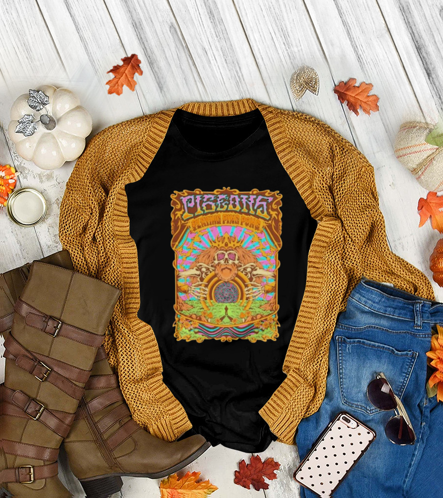 Pigeons Playing Ping Pong Psychedelic Fall Winter 2024 Skull Vibrant Wave T-Shirt