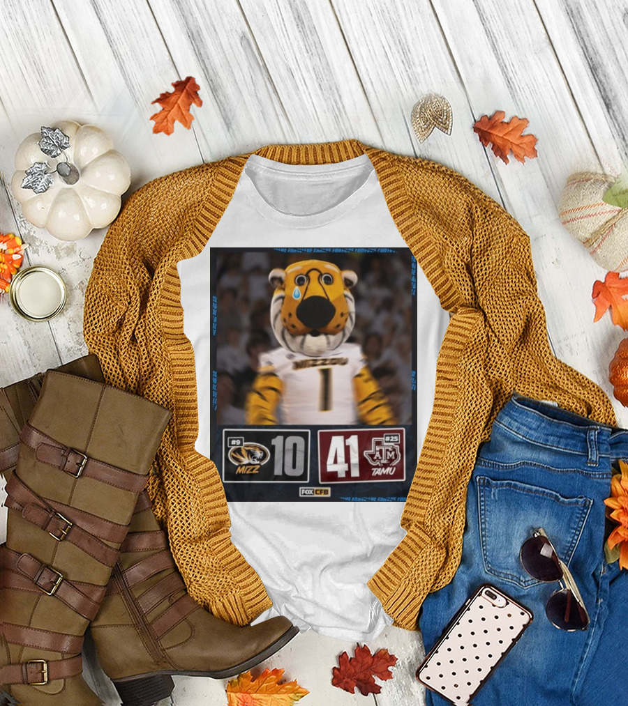 Texas A&M 41-10 Victory Over Missouri Football 2024 with Logos and Mascot T-Shirt