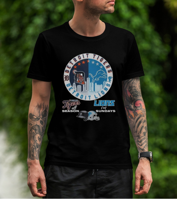 Detroit Tigers All Season Detroit Lions For Sundays Skyline Helmets T-Shirt