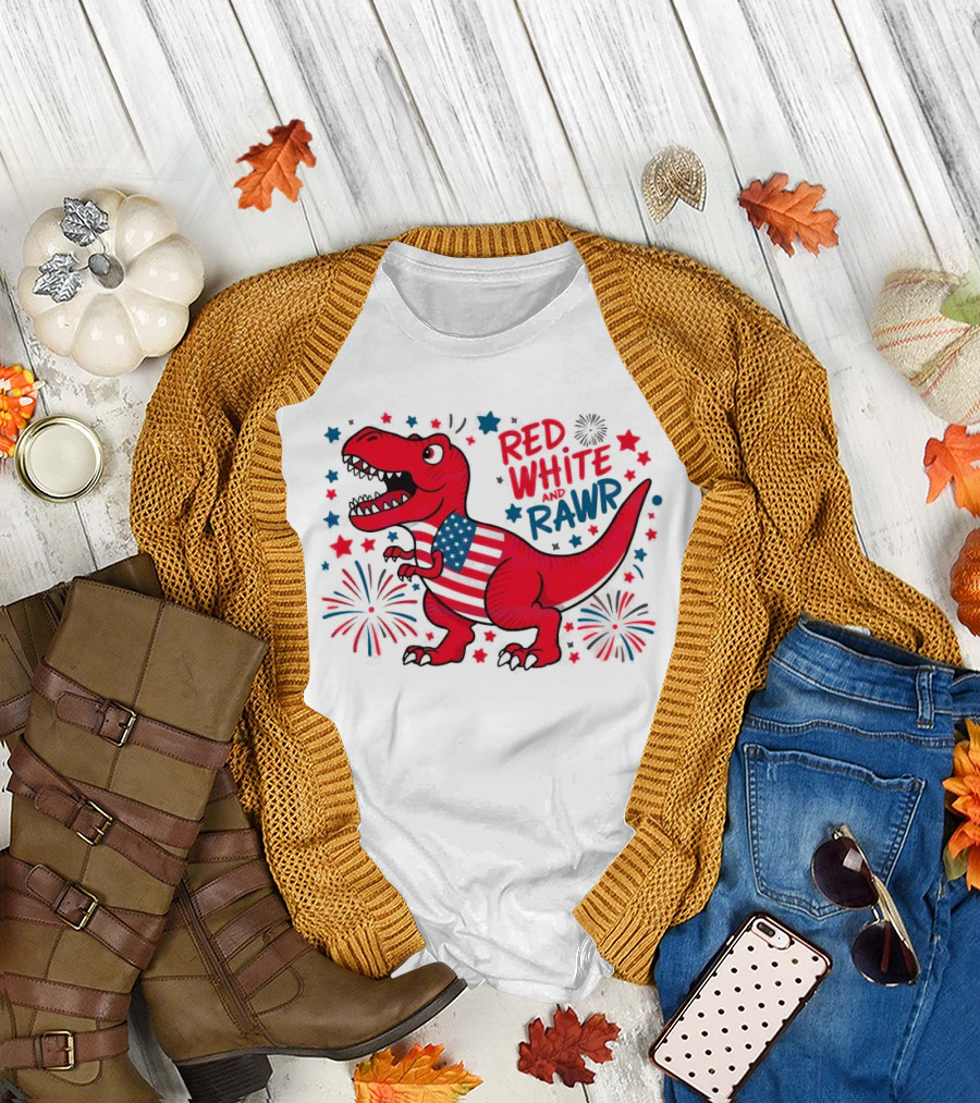Red White and Rawr Funny American Flag Dinosaur 4th of July Patriotic T-Shirt