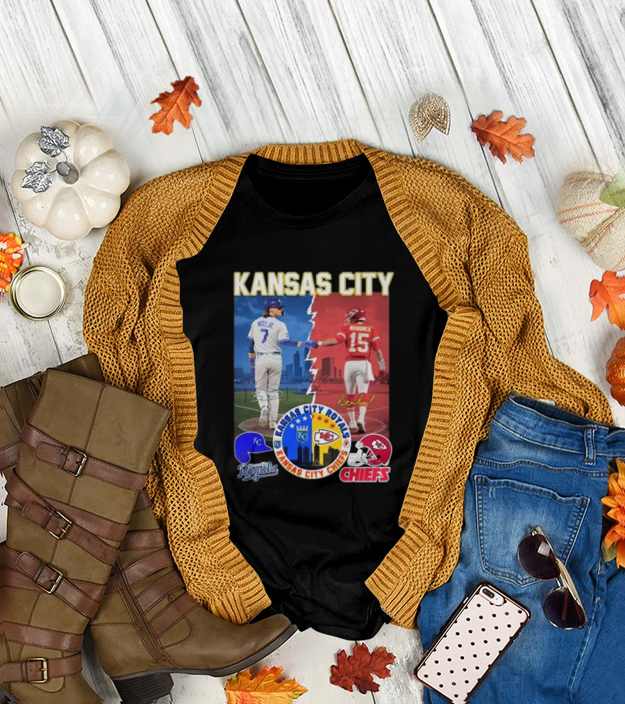 Kansas City Royals Bobby Witt Jr and Chiefs Patrick Mahomes Skyline Logos and Signatures T-Shirt