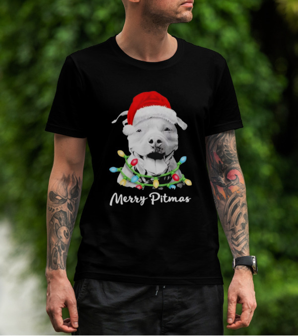 Merry Pitmas Santa Hat Pit Bull Christmas Lights T-Shirt