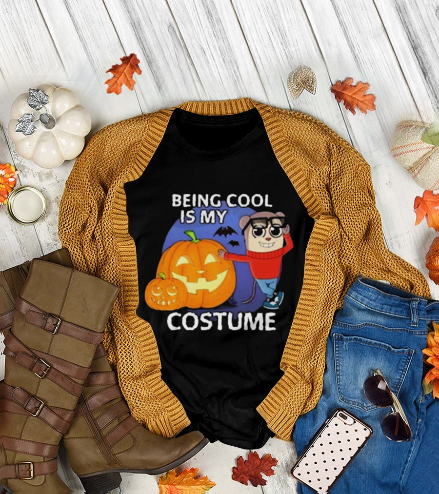 Maxdesignpro Being Cool Is My Costume Halloween 2024 Pumpkin Character with Glasses and Bats T-Shirt