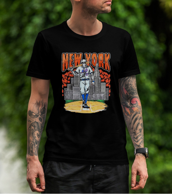 Reed Garrett New York Mets MLB Painting Skeleton Batter City Skyline T-Shirt