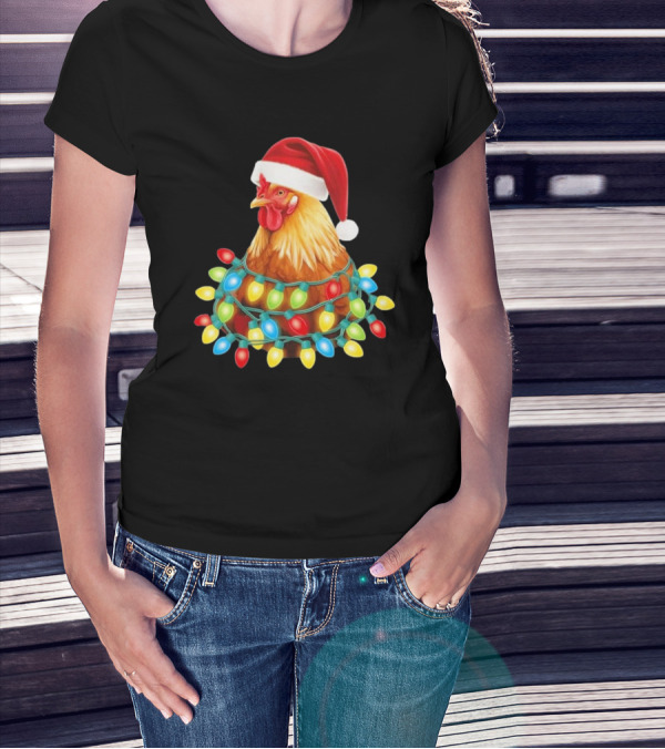 Santa Chicken Christmas Lights Festive Hilarious T-Shirt